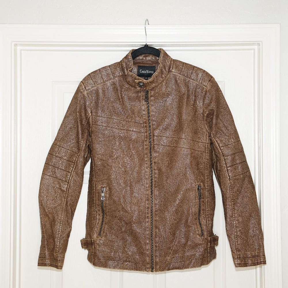 ChouYatou Faux Leather Brown Distressed Jacket